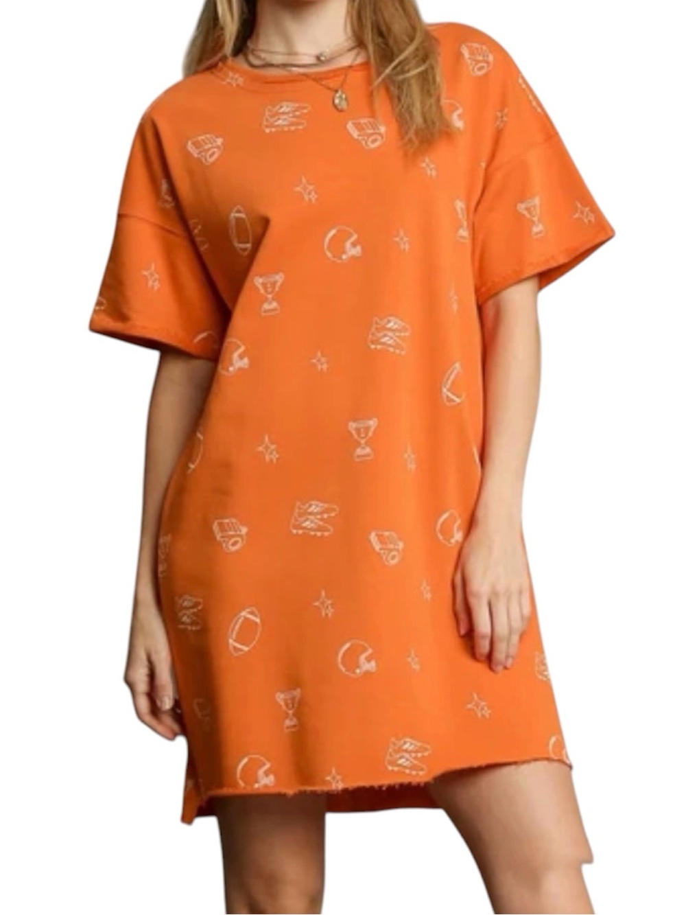 Umgee French Terry Football Graphic Round Neck Dress in Burnt Orange M